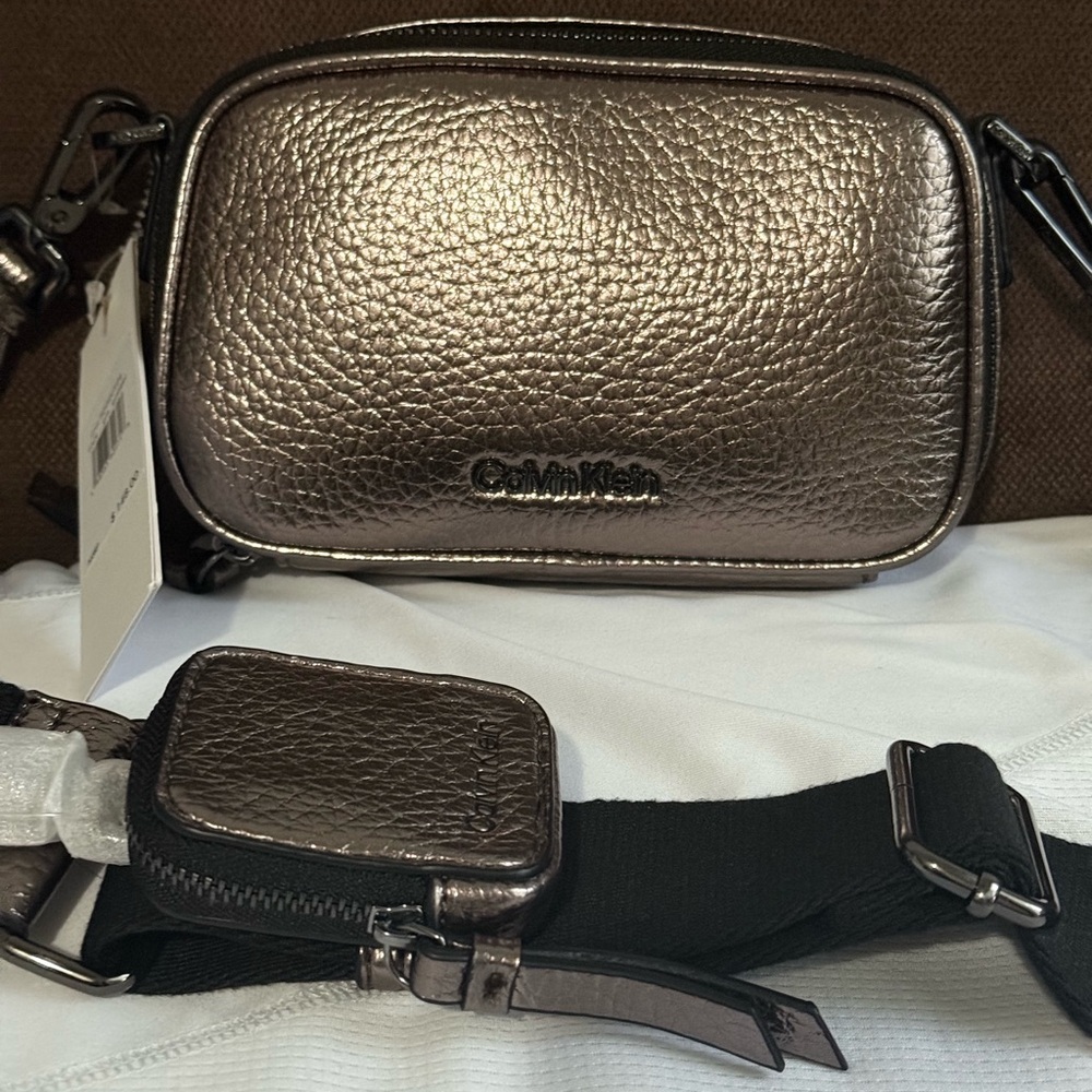 Calvin Klein 2-in-1 small metallic leather camera crossbody bag in gunmetal